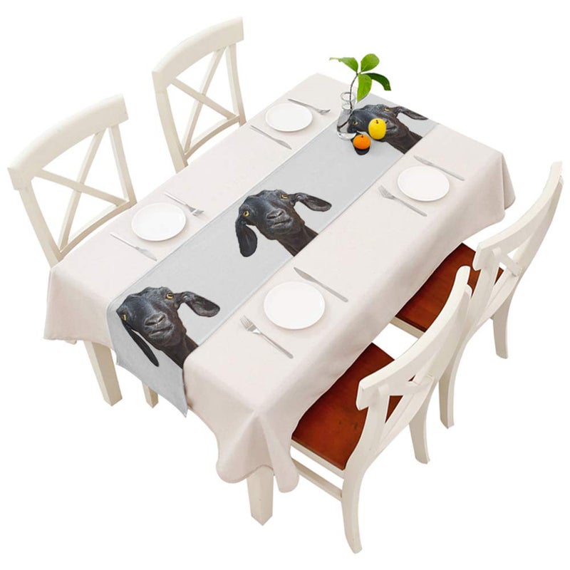 Moslion Black Goat Table Runner Cute Funny Animal Port Up Humorous Face Head Yellow Eyes Decoration Table Runner for Kitchen Dining Wedding Banquet Party Cotton Linen 14x72 Inch - Image 1